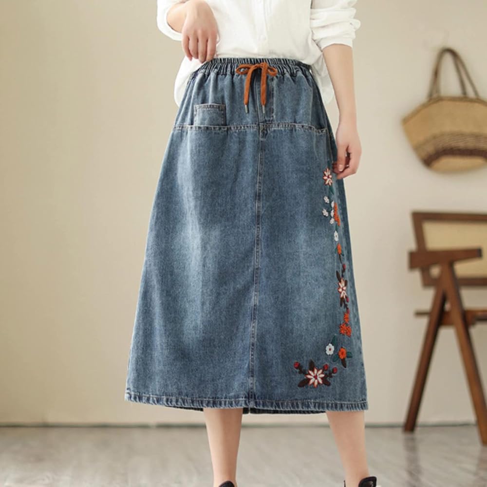 Amazon.com: Women Floral Embroidery Denim Skirt Elastic